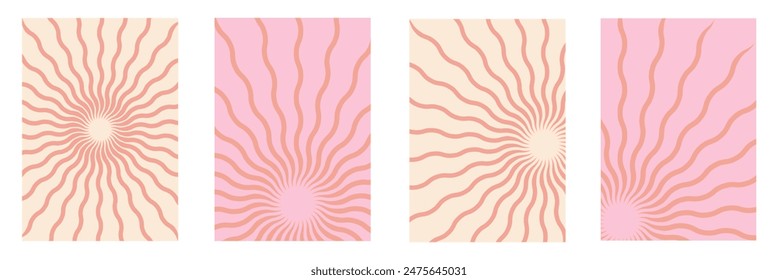 Groovy retro burst sun rays background. Vintage colorful abstract geometric pattern. Vector summer hippie carnival illustration for poster, greeting card, banner. Vector illustration. Eps file 84.