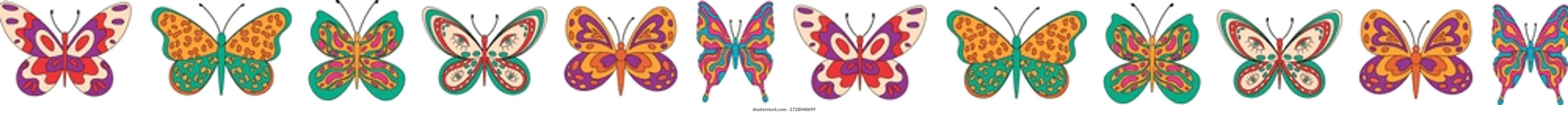 Groovy Retro Schmetterling Rahmen in funky bunte 70er Jahre Muster Stil . Funky Design mit y2k und Retro-Einfluss, künstlerisch und grafisch für lebendige Hintergründe moderne Nutzung.