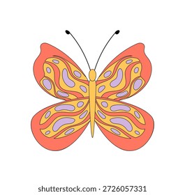 Mariposa retro groovy en estilo psicodélico plano funky con pop colorido 70s y y2k vibe. Este icono agrega un elemento groovy vibrante con energía retro y carácter funky, brillante para pegatina o moderno