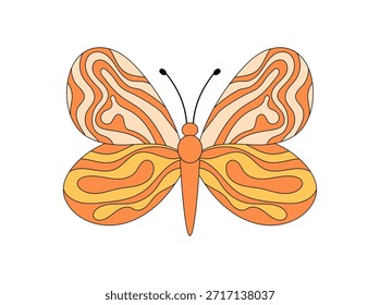 Groovy borboleta retro em estilo psicodélico e plano. Símbolo funky dos anos 70 como adesivo com cor laranja e amarela. Elemento Groovy sugere inspiração y2k, forma em negrito vibração abstrata lúdica.