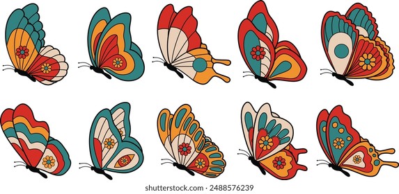 Groovy retro butterfly Set vector 
