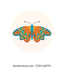 Groovy retro butterfly sticker in colorful circle. Pop graphic with bold y2k style uses round shape for package seal and lid on product, trendy accent in modern packaging and branding.