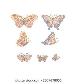 Groovy retro butterfly vector illustration set. Flower Power aesthetic design element for planner, sticker, scrapbook, poster, card , pattern, tee shirt