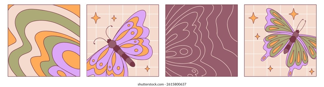 Groovy retro butterfly vector illustrations - psychedelic lines and shapes forming winged insects. Funky 60s or boho style design elements with vintage colors and symmetric patterns for prints.