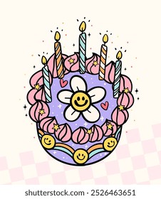 Groovy Retro Cake with Birthday candles Doodle Pastel Bold Line Festive Design idea for greeting card