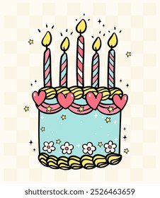 Groovy Retro Cake blue with candles Doodle Pastel Bold Line Festive Design idea for greeting card