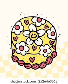 Groovy Retro Cake yellow with smile face daisy flower Doodle Pastel Bold Line Festive Design idea for greeting card