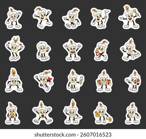 Groovy retro candle characters in cartoon outline vintage funny expressive style with emotions costumes gestures and holiday elements