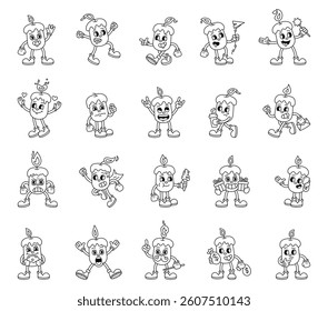 Groovy retro candle characters in cartoon outline vintage funny expressive style with emotions costumes gestures and holiday elements