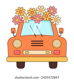 Groovy retro car with daisies flowers. Hippie vintage car. Love, peace, travel, adventure, hippie culture concept.