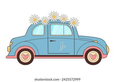 Bonito coche retro con flores de margaritas. Coche vintage hippie. Amor, paz, viajes, aventura, concepto de cultura hippie.