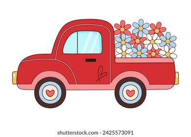 Groovy retro car with daisies flowers. Hippie vintage flower truck. Love, peace, travel, adventure, hippie culture concept.