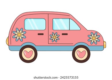 Groovy retro car with flowers and hearts. Hippie vintage truck. Love, peace, travel, adventure, hippie culture concept.