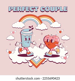 Groovy retro card poster for Valentine's day. Coffee And Donut Perfect couple. All you need is Love. Retro doodle cartoon style.Hippy 60s, 70s style. Flower power.