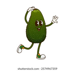 Groovy retro cartoon avocado fruit funny character with cute face, vector emoji. Groovy avocado with cute smile and funky hipster shoes, fruit food silly character and retro cartoon personage