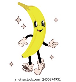 Groovy retro cartoon banana character in cool vintage 50s, 60s, 70s style. Fruit vintage mascot.
