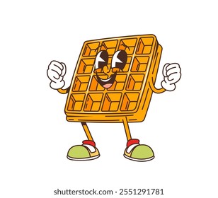 Personaje belga de waffle de dibujos animados retro groovy con cara feliz y sonrisa divertida, emoji de postre de Vector. Gofre belga Groovy con el gesto delicioso fresco y la risa feliz para el carácter dulce de la historieta del pastel