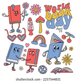 Caracteres de libros de caricaturas retro Groovy ambientados para el Día Mundial del Libro, Colección de elementos para la lectura de libros y festival del libro al estilo de los años 70. Mascotas con manos y brazos engullidos. Diseño vectorial vintage.