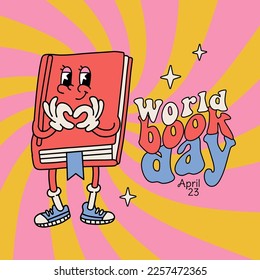 Groovy retro cartoon book mascot with message of love hand gesturewith text Worls book day. Banner or card template. Vintage contour flat vector illustration. International literacy day.