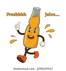 Groovy retro cartoon bottle of juice character with eyes and gloved hands. Isolated flat illustration in style 60s 70s. Vintage mascot beverage. Element for sticker, poster, social media.