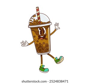 Carácter retro groovy de la bebida del té de la burbuja de la historieta con la sonrisa feliz funky en cara, arte cómico del Vector Té divertido de la burbuja de la historieta groovy con la paja y la cara loca funky para el emoji dulce de la bebida