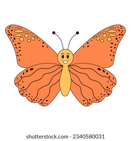 Groovy retro cartoon butterfly character. Linear color vector illustration.