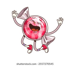 Groovy retro cartoon caramel candy sweet character with funny face, vector emoji. Funky groovy hard candy or pink lollipop caramel in wrapper with crazy smile and laughing character in retro cartoon