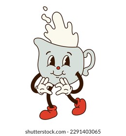 Groovy retro cartoon character. Cream in a ceramic milk jug with drops, eyes and gloved hands showing the heart. Isolated flat illustration in style 60s 70s