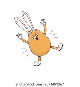 Groovy Retro cartoon character easter egg with bunny ears. Flat illustration of a walking frightening  character wearing gloves 