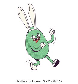 Groovy Retro cartoon character easter egg with bunny ears. Flat illustration of a walking winding character wearing gloves 