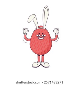 Groovy Retro cartoon character easter egg with bunny ears. Flat illustration of standing character wearing gloves 