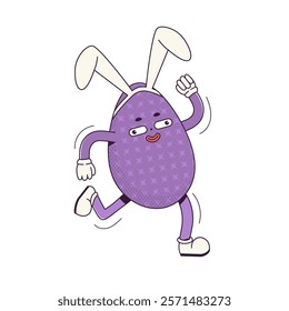 Groovy Retro cartoon character easter egg with bunny ears. Flat illustration of a walking jolly character wearing gloves 