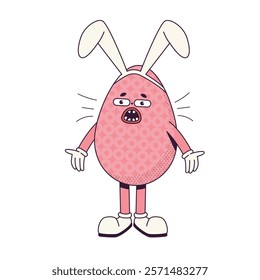 Groovy Retro cartoon character easter egg with bunny ears. Flat illustration of a surprised character wearing gloves 