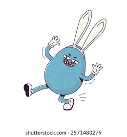  Groovy Retro cartoon character easter egg with bunny ears. Flat illustration of a walking frightening  character wearing gloves 