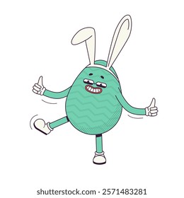 Groovy Retro cartoon character easter egg with bunny ears. Flat illustration of a walking funny  character wearing gloves 