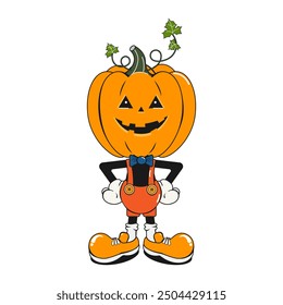 Groovy personaje de dibujos animados retro es una calabaza de Halloween en pantalones cortos y zapatos divertidos. Aislado en un fondo blanco. Ilustración vectorial al estilo de los viejos cómics de los años 50-60