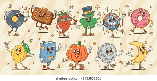 Groovy retro cartoon characters in hippie of 60s or 70s art, vector funky comic. Happy groovy donut with vinyl disk and disco ball or moon planet characters with cute face in groovie retro style