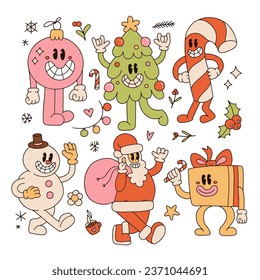 Groovy retro cartoon characters set - Santa Claus, Christmas tree, gift box, ball, snowman, candy cane in trendy 70s-80s vintage toons style. Sticker pack of xmas mascots and elements. Vector design