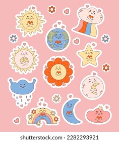 Groovy retro cartoon characters weather. Cute sun, moon, cloud, rainbow, flower power and planet earth with heart. Isolated vector illustrations. Collection funny stickers in trendy nostalgic style