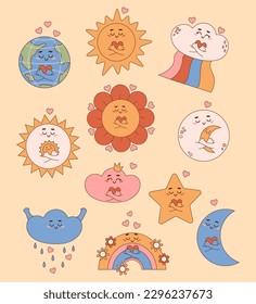 El tiempo de los personajes de dibujos animados retro Groovy. Sol, luna, nube, arcoíris, flor y planeta tierra adornados con corazón. Ilustraciones vectoriales aisladas. Colección en estilo nostálgico de moda