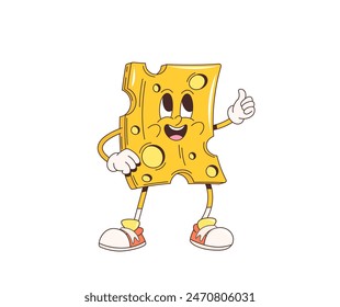 Groovy retro cartoon cheese character with funny face and thumb up, vector funky smile. Groovy cartoon funky cheese with holes and happy smile on face for positive emotion emoji and food emoticon