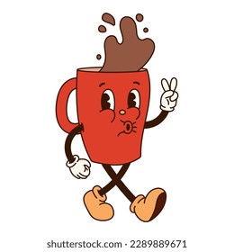 Groovy retro cartoon coffee character. Walking red mug of coffee with drops, eyes and gloved hands. Isolated flat illustration in style 60s 70s