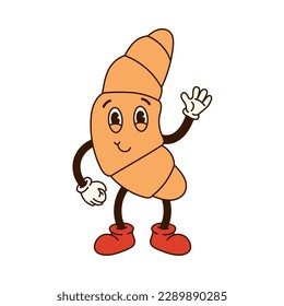 Groovy retro cartoon coffee character. Croissant with eyes and  waving his hand in glove. Isolated flat illustration in style 60s 70s