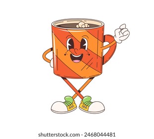 Caricatura retro Groovy taza de café personaje con sonrisa feliz funky en la cara, arte de los años 70 del Vector. Taza de café divertida de dibujos animados Groovy o taza de chocolate caliente para la bebida de la mañana y emoji de vibraciones positivas felices