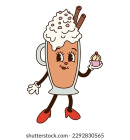 Groovy retro cartoon coffee girl character. Cappuccino cup with cake in gloved hands. Isolated flat illustration in style 60s 70s