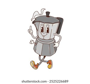 Groovy retro cartoon coffee maker character with funky happy face, vector comic. Groovy cartoon funny moka coffee maker with brewing puff with smile for morning drink and happy positive vibes emoji