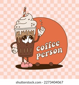 Groovy retro cartoon coffee person banner template. 70s vintage coffee mascot in plastic or glass cup with cream. Vector contour illustration. Cool funny dude in 60s nostalgic style