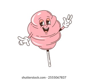 Groovy retro cartoon cotton candy dessert character, vector funny sweet emoji. Groovy pink cotton candy or candy floss with happy face and funky smile for psychedelic retro cartoon character