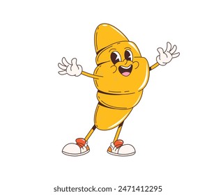 Caricatura retro groovy croissant personaje con cara de cómic funky, arte hippie de los años 70 del Vector. Croissant divertido de la historieta groovy o bollo dulce de la panadería con sonrisa feliz en la cara y abrazos para emoji vibración positiva