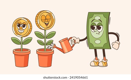 Groovy Retro Cartoon Dollar Bill Character, Joyfully Waters A Money Tree, Radiating A Psychedelic Vibe